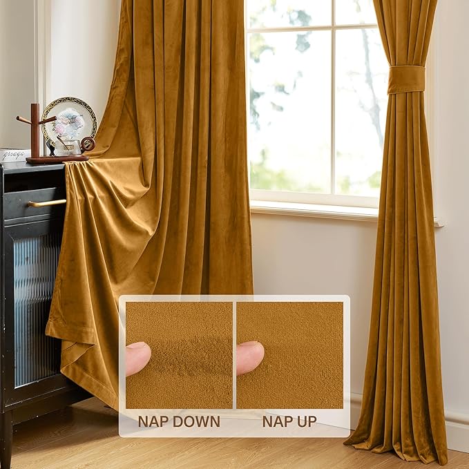 StangH Mustard Gold Velvet Curtains Rustic Privacy Room Darkening Curtains for Bedroom/Sliding Door, Gold Backdrop Panels for Halloween Party, W52 x L96, 2 Panels