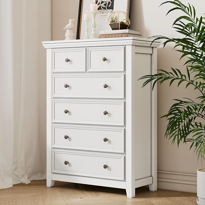 Tall Dresser for Bedroom, White 6 Drawers Dresser, Farmhouse Dresser for Bedroom，Storage Drawers Cabinet for Living Room, Home Office