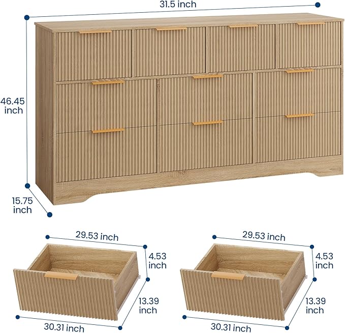 GarveeHome Fluted Dresser for Bedroom with 10 Drawers, 59" Wide Modern Chest of Drawers with Wood Frame, Dresser TV Stand Wooden Closet Clothes Storage Organizer for Living Room, Hallway