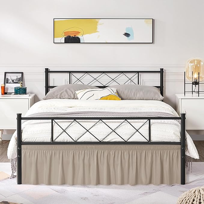 Biscaynebay Wrap Around Bed Skirts with Split Corners for Full Beds 14" Drop, Light Camel Elastic Dust Ruffles Adjustable Easy Fit Wrinkle & Fade Resistant Silky Luxurious Fabric Machine Washable