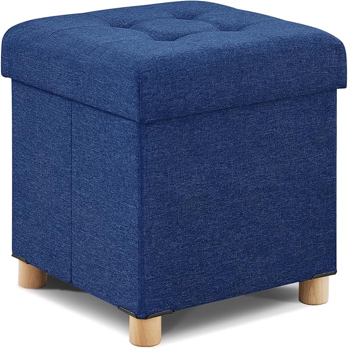 BRIAN & DANY Ottoman with Storage, Small Storage Ottoman for Dorm, Linen Folding Ottoman Foot Stool with Legs for Living Room and Bedroom, 14.8"x14.8"x16.1" - Blue