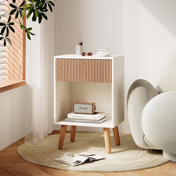 Fluted Nightstand, Modern Bedside Table with Storage Drawers and Open Wood Shelf, Night Stand with Solid Wood Legs, End Tables Side Tables for Living Room, Bedroom