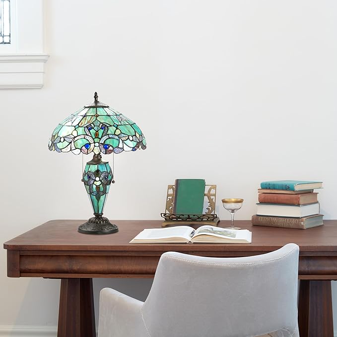 RIVER OF GOODS - Stained Glass Halston Double Lit Table Lamp - 20" H - Decorative Lamp for Bedroom - Bedside Lamp - Desk Lamps for Home Office - Tiffany Style - Green and Blue