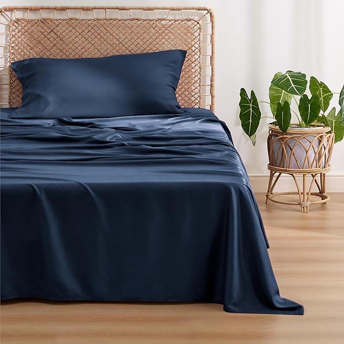 Bedsure Cooling Sheets Twin, Rayon Derived from Bamboo, Breathable & Soft Twin Sheets Set, Deep Pocket Up to 16 Inches, Hotel Luxury Silky Bedding for Hot Sleepers, Navy