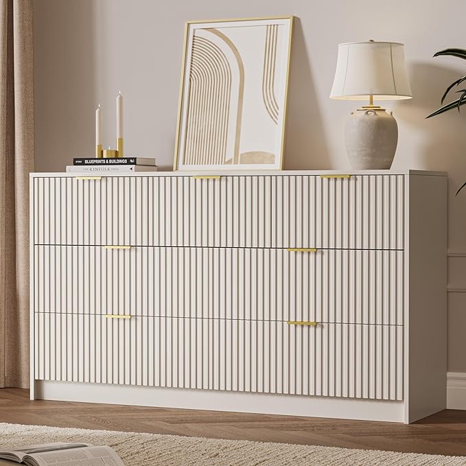 Beige 7 Drawer Dresser for Bedroom, 55.9" Wide Modern Fluted Dresser with Gold Metal Handles, Wide Chest of Drawers for Bedroom, Living Room, Entryway, Hallway