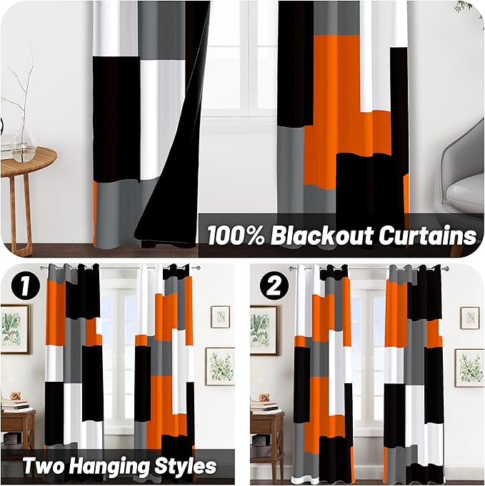 Orange 100% Blackout Curtains for Bedroom 96 inch Long 2 Panels Set Black Grey Modern Abstract Geometric Black Out Curtains Insulated Room Darkening Window Drapes for Living Room, 52Wx96L