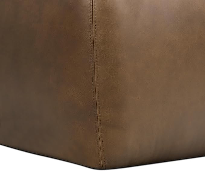 Poly & BARK Denver Ottoman – 43" Large Pouf with Feather-Down Topper – Full-Grain Leather Upholstered Pouf Ottoman for Living Room – Vintage Italian Leather in Cocoa Brown