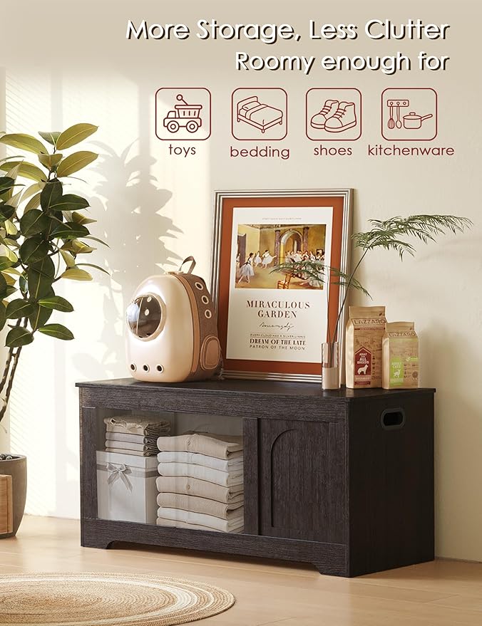 DINZI LVJ Storage Chest, 39.4” Wooden Toy Box with 2 Safety Hinges, Entryway Shoe Bench with Flip-Top, Sturdy Large Storage Trunk for Living Room, Bedroom, Playroom, Easy Assembly, Espresso