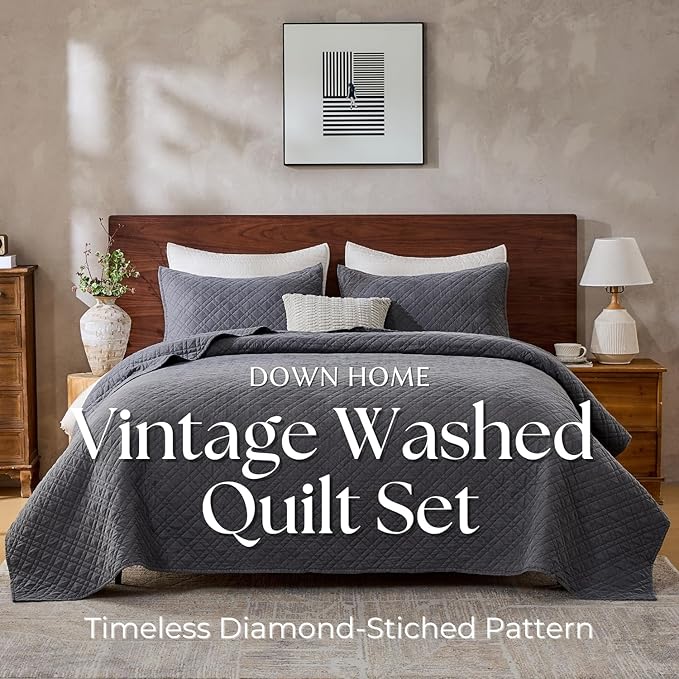 King Quilt Set with Shams Lightweight Quilted Bedspread Coverlet Thin Comforter Bed Cover Vintage Washed Quilted Blanket for All Season, Brushed Microfiber Diamond Stitching, Ash Gray, 104"x92"