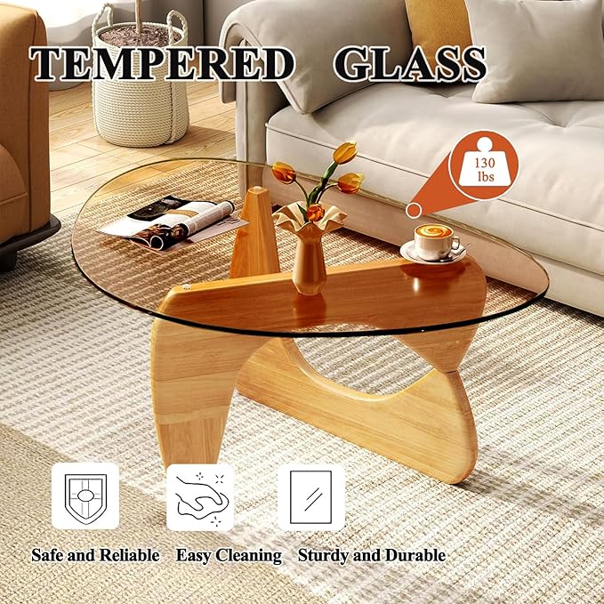 Modern Glass Coffee Table for Living Room, Mid Century Coffee Table, Small Coffee Tables, Suitable for Bedroom Living Room Reception Office Tables (Wood/Brown, Medium 35.8 * 25.5 * 16in)