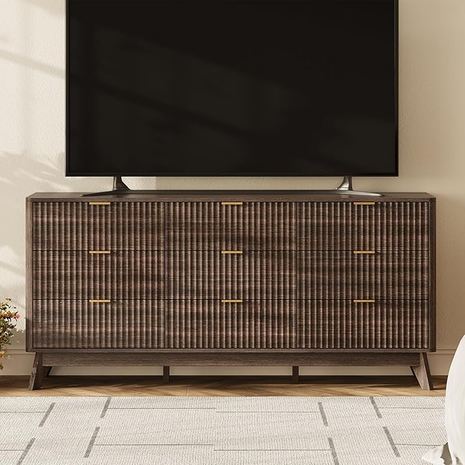 63'' Wide 9 Drawers Dresser for Bedroom,Modern Fluted Vertical Chest with Rounded Corners,Fluted Dresser for Living Room,Hallway, Walnut