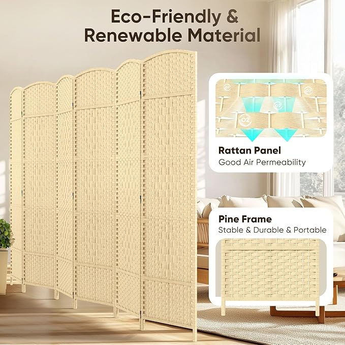 JOSTYLE 6ft. Tall Extra Wide , Folding Privacy Screens with Diamond Double-Weave and Freestanding Room Dividers (Ivory, 6-Panel)