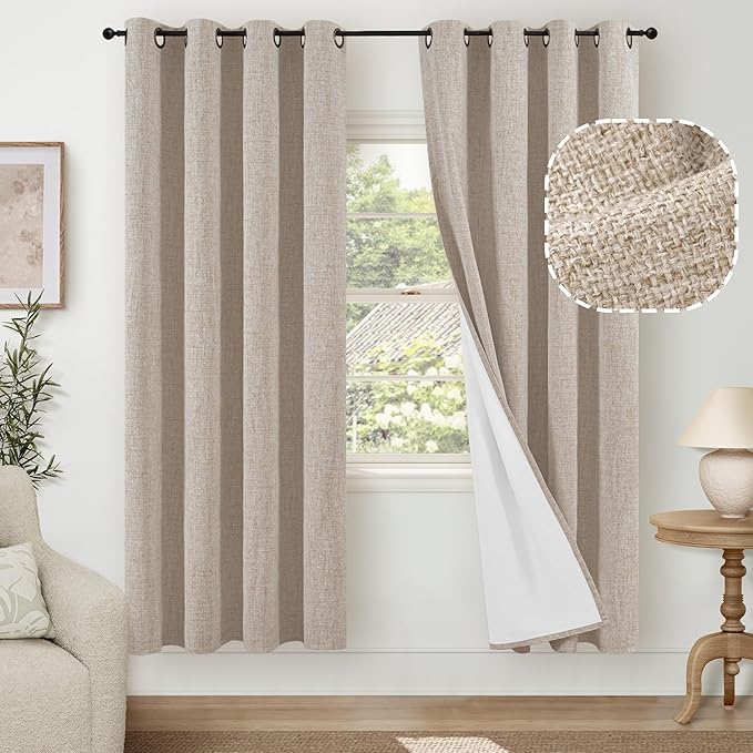 Beige 100% Blackout Curtains for Living Room 72 Inch Length 2 Panels Set, Thermal Insulated Light Blocking Polyester Linen Curtains for Bedroom, Bronze Grommet Boho Window Drape Each 52" Wide