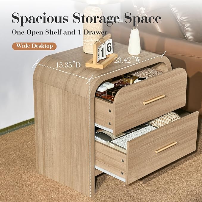 Night Stand [Unique Curved Profile] [FSC-Certified Wooden Board] 2-Drawer Nightstand 24" H Metal Handle Modern Sturdy Bedside Table Side Table End Table
