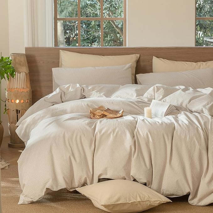 MooMee Striped Duvet Cover Set 100% Washed Cotton Linen Like Textured Breathable Durable Soft Comfy (Tannish Linen Grey White Pinstripes, Full 80"x90")