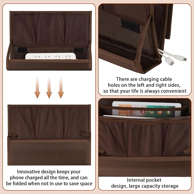 Bedside Storage Organizer with Power Strip Holder and Adjustable Straps Bed Hanging Bag for Home Bunk Bed Dorm Sofa (Brown)