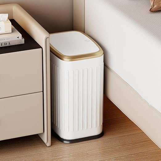 TIPGO Bathroom Trash Can with Lid, 2.1 Gallon / 8 Liter Small Garbage Can, Press Top Bin, Stainless Steel Wastebasket with Pop-Up Lid for Bedroom, Living Room, Office (White)