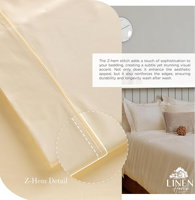 Linen Home 100% Cotton Percale Sheets California King Size, Ivory, Deep Pocket, 4 Pieces Set - 1 Flat, 1 Deep Pocket Fitted Sheet and 2 Pillowcases, Crisp Cool and Strong Bed Linen