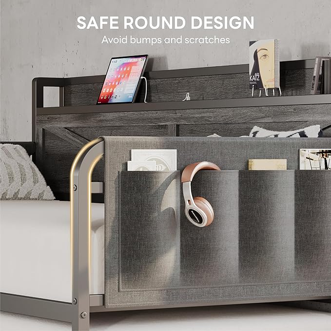 LIKIMIO Twin Daybed with Trundle Bed, Storage Headboard with Charging Station, Sofa Day Bed with Strong Supports for Living Room, Bedroom, and Guest Room, Charcoal Grey