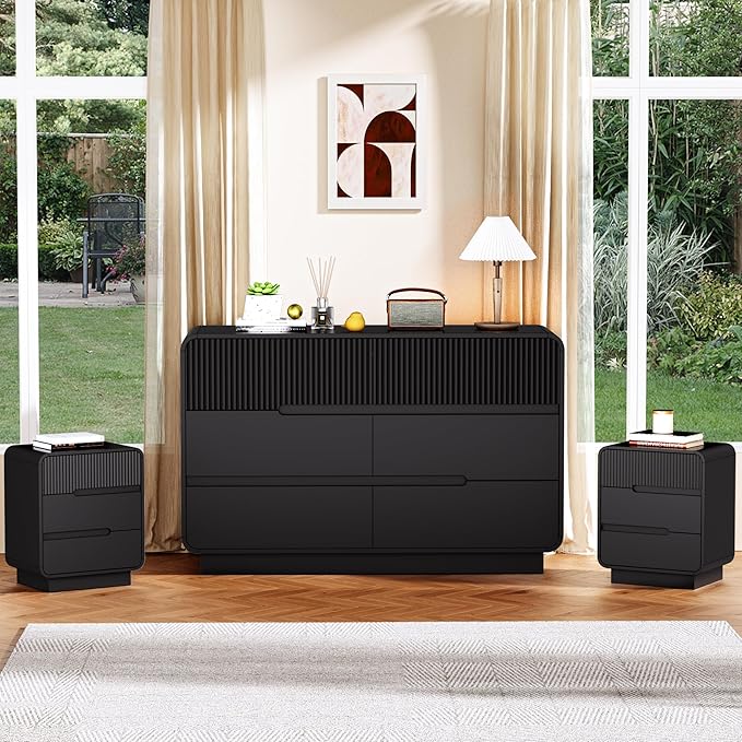 6 Drawer Dresser and 2 Nightstand Sets for Bedroom 3 Pcs Bedroom Set, Modern 47.2" Fluted Dresser with Invisible Handles Nightstand Charging Station, Bedroom Furniture Set for Living Room, Black