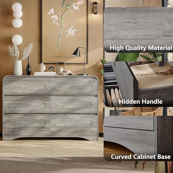 Dresser for Bedroom with 6 Drawers, 47" Wide Modern Dressers & Chest of Drawers with Curved Profile Design, Wood Closet Clothes Storage Dressers Organizer for Bedroom Living Room Hallway, Grey