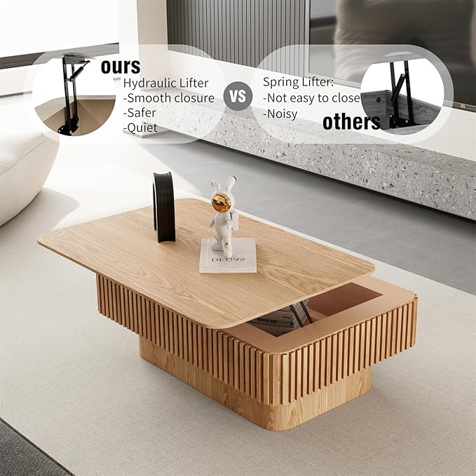 LKTART Lift Top Coffee Table for Living Room, Accent Fluted Coffee Table with Storage, Modern Solid Wood Veneered Rectangle Center Tea Table for Small Space Apartment (38.6''D×14''H-Natural)