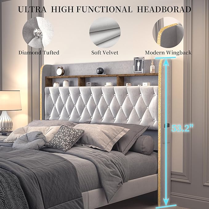 Full LED Bed Frame with Storage Drawers, Velvet Upholstered Platform Beds with Galaxy Star Projector Charging Station Speaker, Aurora Bedframe with 2-Tier Storage Headboard, Noise-Free, Grey