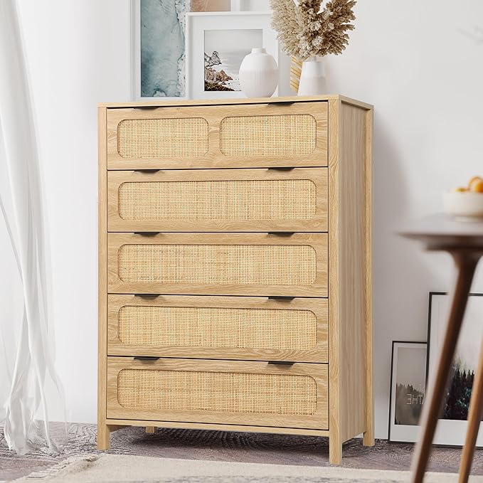 LEVNARY 5 Drawer Chest Dresser, Rattan Tall Dresser 5 Chest of Drawers Dressers for Bedroom, Wooden Storage Cane Cabinet with Metal Handles for Living Room Hallway (Natural)