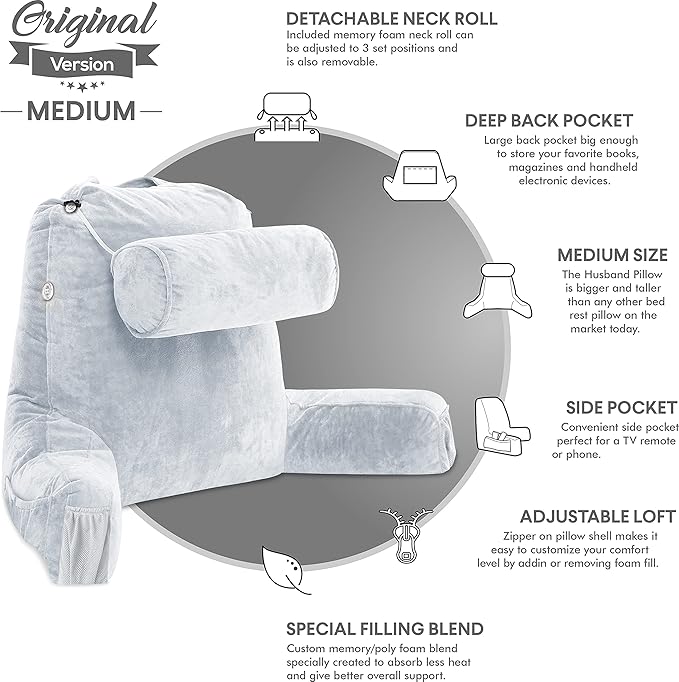 Husband Pillow Medium Light Grey, Backrest for Kids, Teens, Petite Adults - Reading Pillows with Arms, Adjustable Loft, Plush Memory Foam, Bed Rest Chair Sitting Up, Detach Neck Roll, Removable Cover