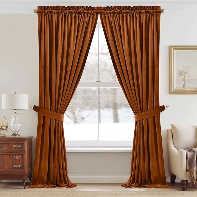 StangH Burnt Orange Velvet Curtains for Living Room Luxury Fall Holiday Home Decoration Room Darkening Thermal Insulated Panels for Sliding Door Theater Laundry, W52 x L102, 2 Panels
