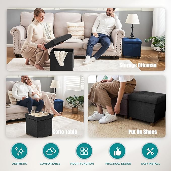 BRIAN & DANY Small Ottoman with Storage, Small Storage Ottoman, Folding Foot Stool with Wood Legs for Living Room and Bedroom Linen Rest Seat, 12.6"x12.6"x12.8" - Black