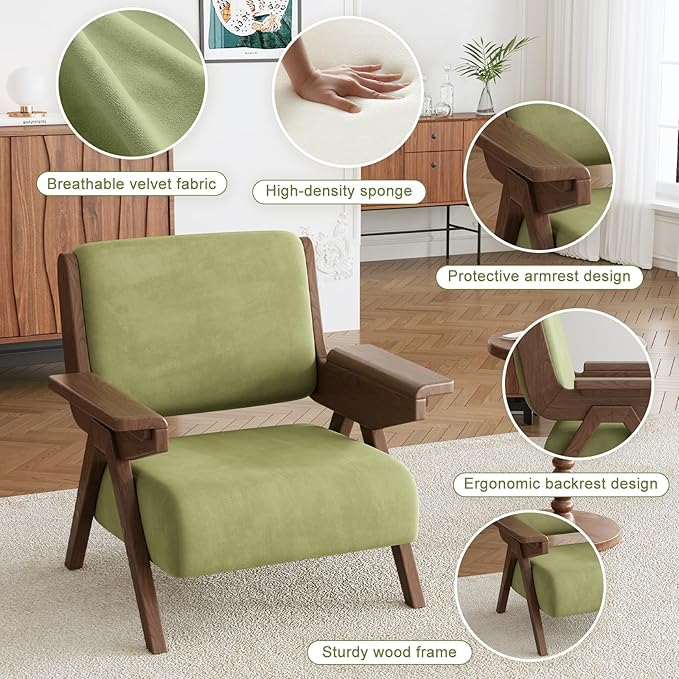 Accent Chair Set of 2, Mid Century Modern Chair, Velvet Upholstered Lounge Arm Chair with Solid Wood, Cozy Seating for Living Room, Bedroom, Balcony (Green)