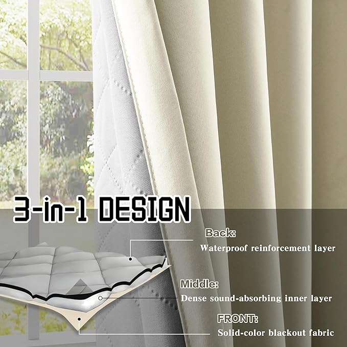 3-in-1 Blackout Curtains Soundproof Noise Reduction Curtains Beige Thermal Insulated Drapes for Winter Elegant Privacy Grommet Curtains for Living Room Bedroom (1 Panel, Beige, 50" x 108")
