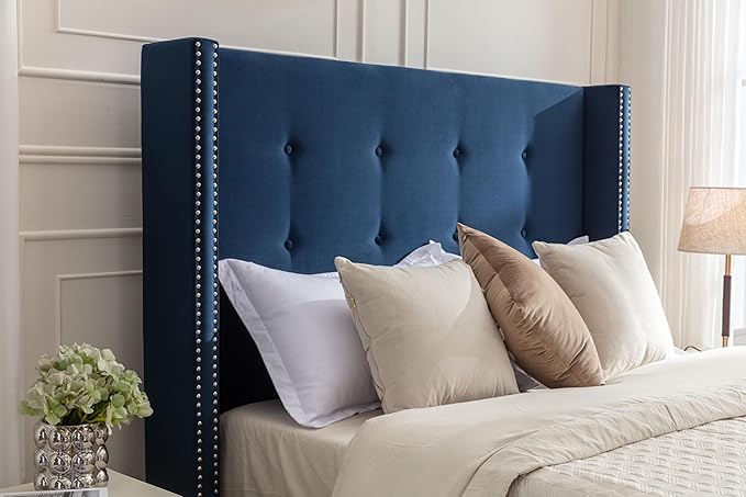 King Size Upholstered Bed Frame, 54" Tall Headboard Platform Bedframes with Nail Head Decorative Wingback, Hand Buttoned Tufting Headboard Beds/No Box Spring Needed/Minimalism, Blue Velvet