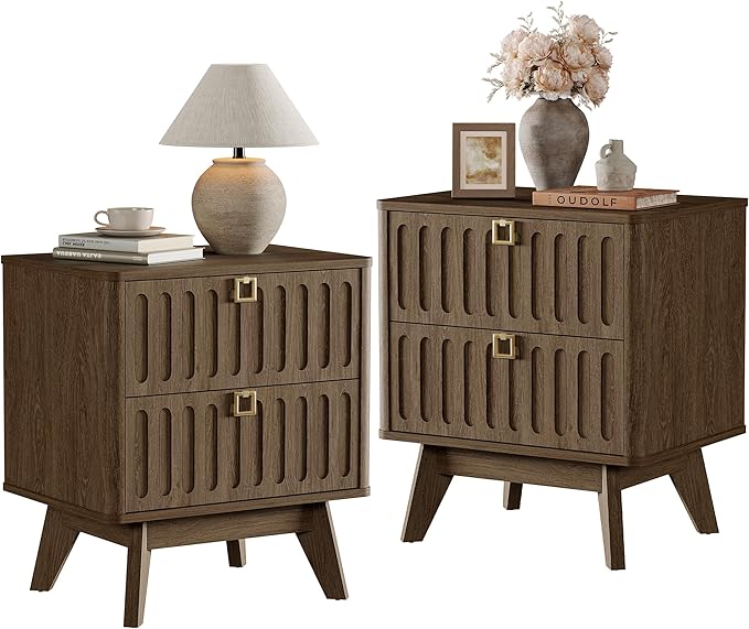 SICOTAS Nightstand Set of 2, Modern Bedside Tables with 2 Drawers, Stable Bedroom Nightstands with Textured Drawer Front and Gold Hardware for Bedroom, Apartment