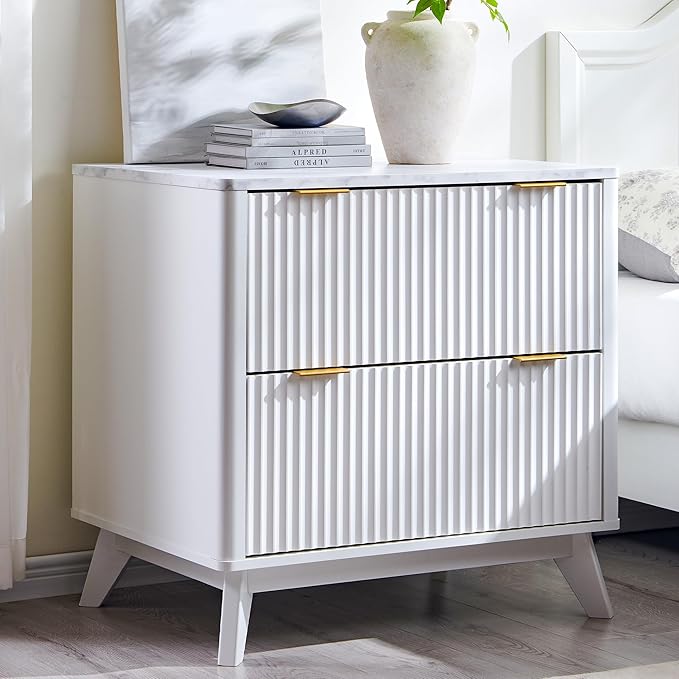 T4TREAM Modern Fluted Wood Night Stand, 30" Tall Bedside Table with 2 Drawers & Large Tabletop, Side Tables Bedroom, End Table for Living Room, White