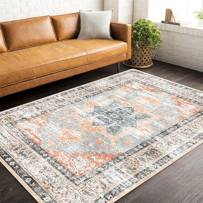 3x5 Rug, Small Area Rug for Living Room, Bedroom, Kitchen, Machine Washable Non-Slip Throw Rug, Vintage Distressed Floral Carpet for Entryway Nursery Dinner Room, Orange
