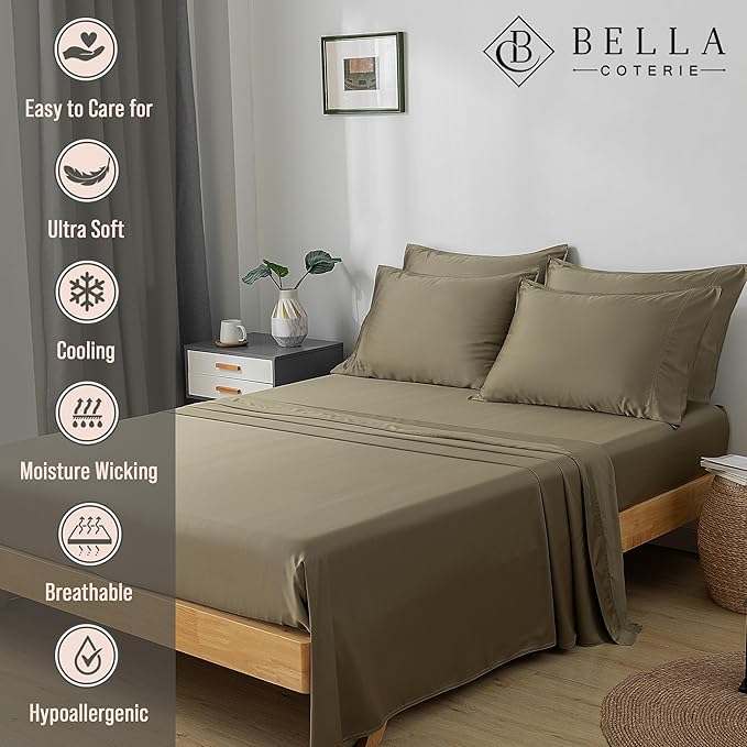 Bella Coterie 7 Piece Luxury Bamboo Viscose Split King Size Sheet Set | 2 Fitted Sheets for Adjustable Beds | 100% Organically Grown | Cooling for Hot Sleepers | 4 Pillowcases [Olive]