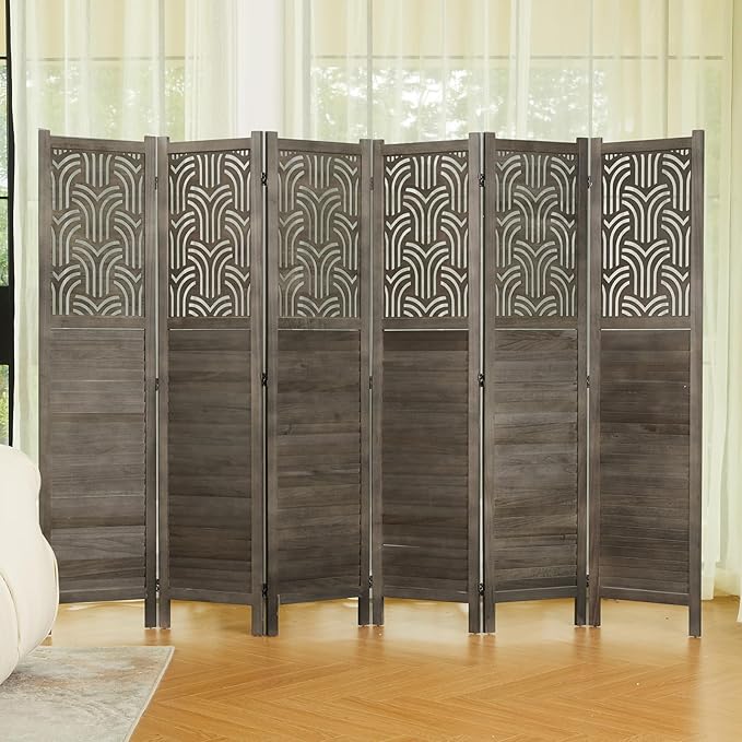 Svimi Folding Room Divider, 66.9 Inch 6 Panels Wood Carved Privacy Screens, Free Assembled Freestanding Portable Separation Wall for Home Office Restaurant Bedroom (Gray)