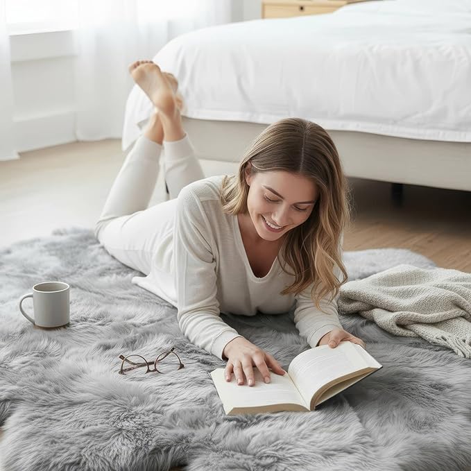 Silver Gray Sheepskin Rug for Bedside - 4x6 Sheep Skin Living Room Rugs - Soft & Fluffy Textured Natural Fur Bedroom Rug