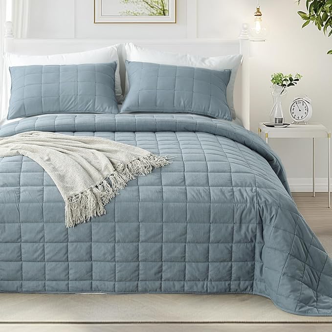KASENTEX Twin Quilt Set 68"x86" – Soft Washed 3-Layer Lightweight Bedspread, Minimalist Nordic Design, All-Season Spring & Summer Quilt Set (1 Quilt + 2 Pillow Shams), Corduroy Blue