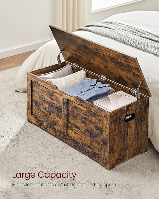 VASAGLE Storage Chest, Storage Bench with 2 Safety Hinges, Farmhouse Style, 15.7 x 39.4 x 18.1 Inches, for Entryway, Bedroom, Living Room, Rustic Brown ULSB061T01