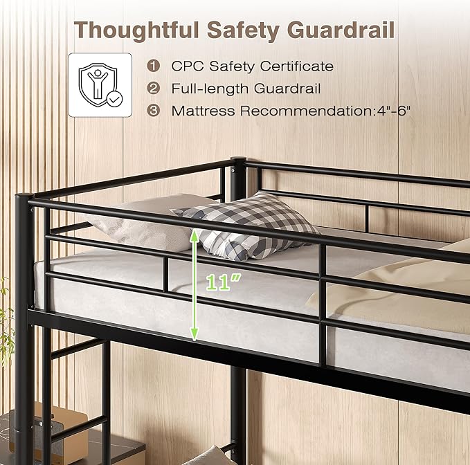 VECELO Bunk Bed Twin Over Twin, Metal Bunkbeds with Ladder and Full-Length Guardrail, No Box Spring Needed, Space Saving, Noise Free, Black