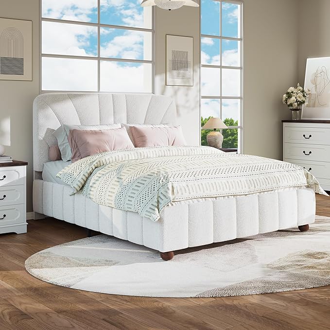 Full Size Boucle Bed Frame Upholstered Bed Frame Full with Adjustable Headboard, Solid Wood Slats Support, Bed for Bedroom Apartment, Dorm, No Box Spring Needed, Easy Assembly, Noise-Free, Cream