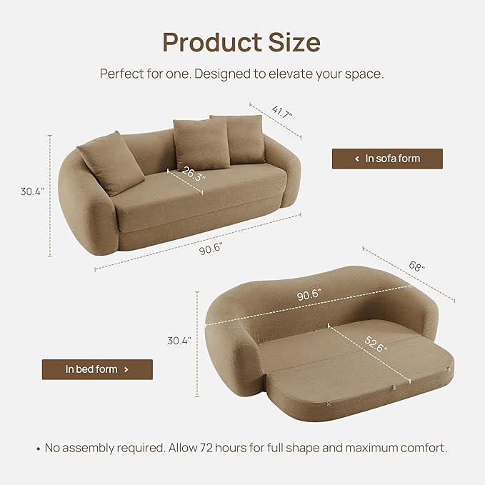 SICOTAS Curved Sofa Couch Bed for Living Room Convertible Futon Cloud Boneless Sleeper Chair Pull Out Floor Couch with Deep Seat Sofa Set Foam No Assembly Required for Bedroom Apartment Office, Brown