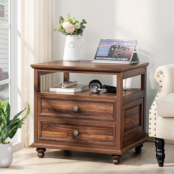 Farmhouse Nightstand with Charging Station, 24" Wide End Table with 2 Drawers,Brown Dresser for Bedroom, Bed Side Table Chest of Drawers Cabinet,Wood Night Stand for Living Room, Closet