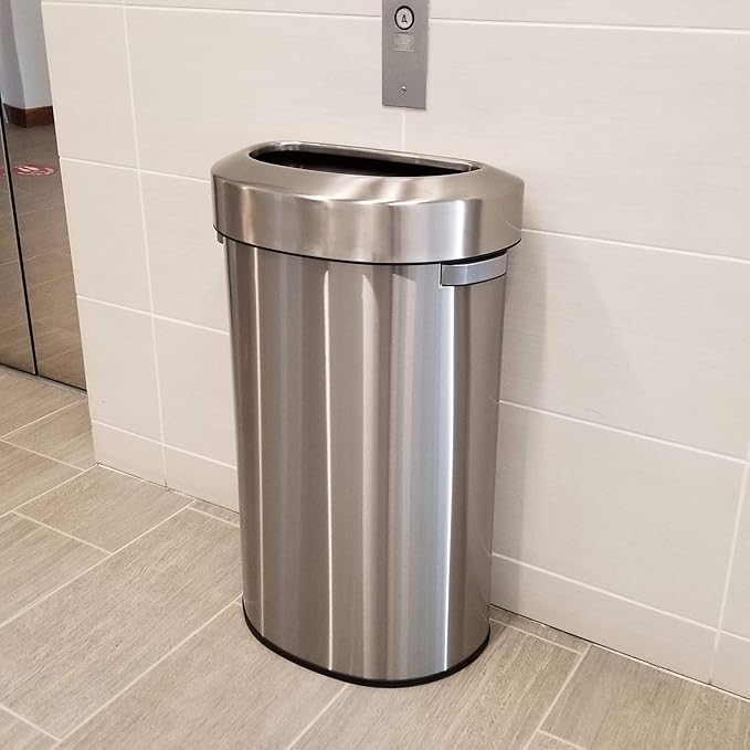iTouchless 23 Gallon / 87 Liter Stainless Steel Trash Can and Recycle Bin, Slim and Space-Saving Design for Home, Office, Kitchen, Restaurant, Restroom, Large Capacity, Open Top, Semi Round
