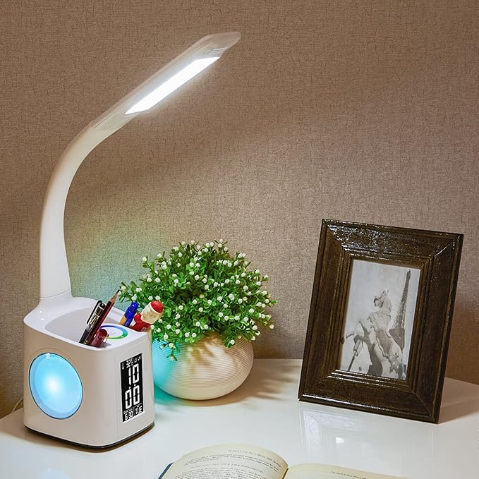 wanjiaone 7-in-1 Study Desk Lamp with USB Charging, Screen, Calendar, Color Night Light, Kids LED Table Lamp with Pen Holder, Clock, Reading Light, 10W