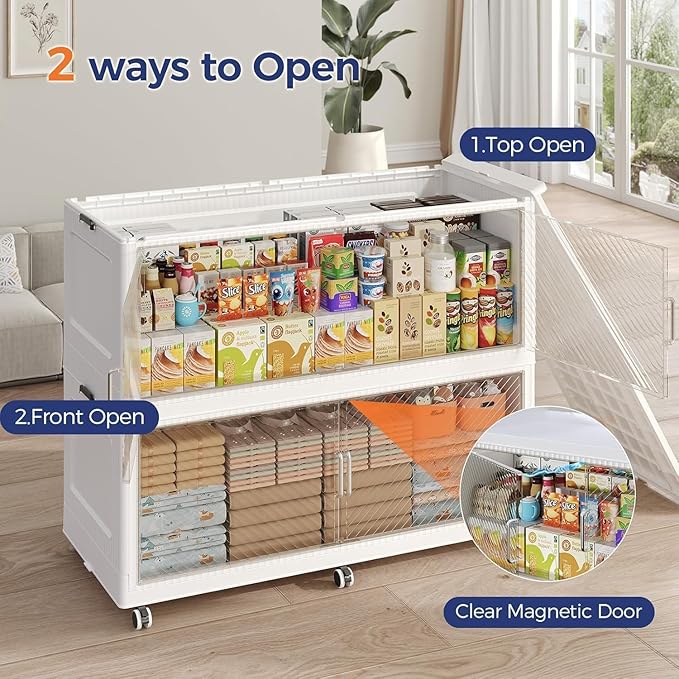 320GAL Extra Large Storage Bins with Lid, 1280QT Collapsible Organizer with Wheels, Stackable Closet Cabinet with Doors, Folding Storage Containers for Home, Office, Kitchen, 4Pack White