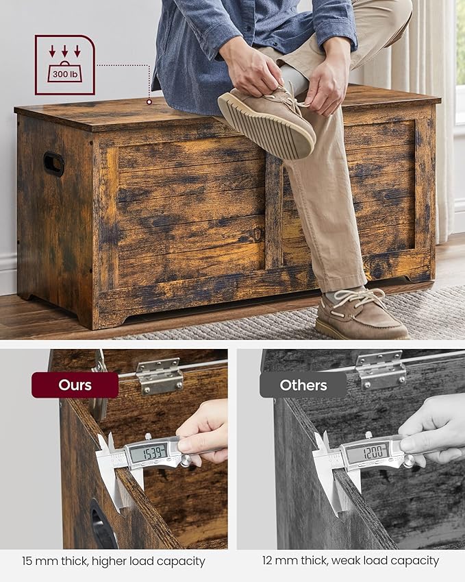 VASAGLE Storage Chest, Storage Bench with 2 Safety Hinges, Farmhouse Style, 15.7 x 39.4 x 18.1 Inches, for Entryway, Bedroom, Living Room, Rustic Brown ULSB061T01